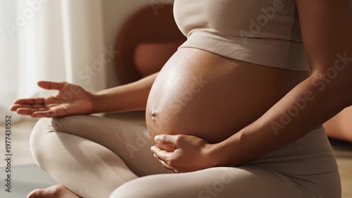 Pregnant Woman Practicing Yoga and Meditating While Gently Touching Her Belly at Home