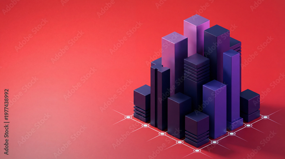 Fototapeta premium Abstract Isometric Cityscape with Digital Network on Red Background