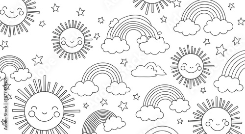 Title whimsical sun and rainbows coloring page for kids a fun coloring book activity description intricate
