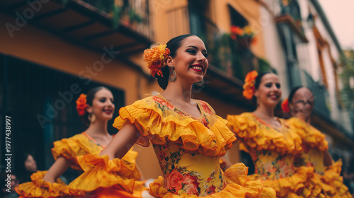 Fiestas de Santiago Apostol, Group of Women Dancing in Yellow Traditional Dresses Performing Folk Dance During Fiestas de Santiago Apostol Festival in Historic Spanish Street