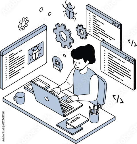 Isometric Flat Illustration of a Female Software Developer Debugging Code and Programming at her Desk