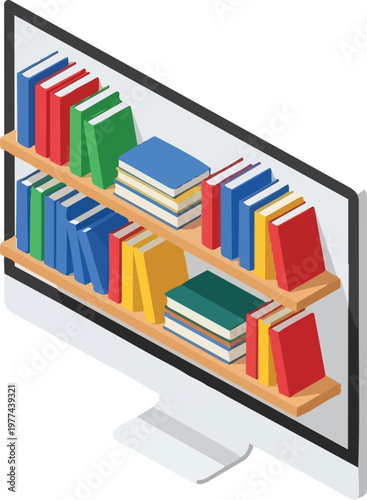 Isometric Digital Library Concept: Books on Shelves Inside Computer Monitor for Online Education and E-Learning