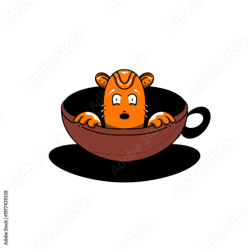 Photography Surprise Creature in a Coffee Cup: An orange, cartoonish creature with wide, surprised eyes and little paws peeks out from a brown coffee cup, looking bewildered