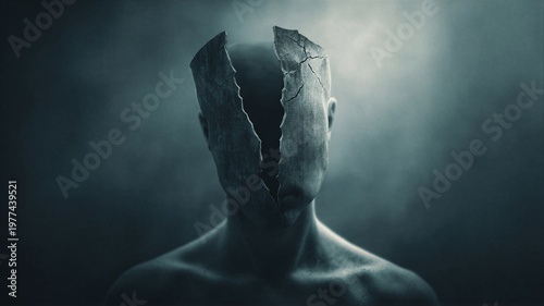 Man with a cracked stone head representing mental breakdown and inner struggle. Psychological concept of depression, confusion and damaged identity. Surreal art of human emotional pain.