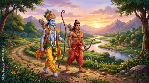 Image is a digital illustration depicting two mythological figures walking on a path in a serene landscape. The foreground features a central figure with blue skin, adorned in a yellow dhoti and an or