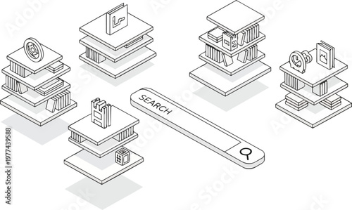Isometric Line Art of a Search Bar and Digital Library Shelves, Concept for Information Retrieval, Knowledge Management, and Content Search Engine Optimization
