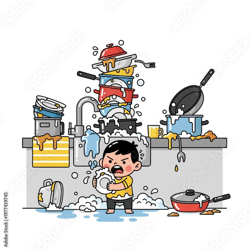 Frustrated child struggling with overflowing pile of dirty dishes in kitchen sink