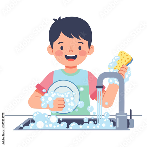 Happy boy washing dishes at kitchen sink with sponge and soap bubbles