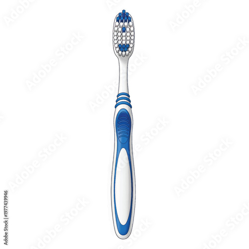 Blue and white manual toothbrush with soft bristles and ergonomic handle for daily oral care.