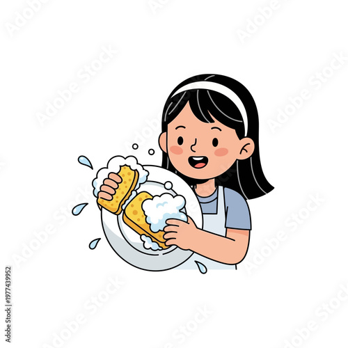 Happy girl washing dishes with sponge and soap, clean plate, daily chores, cartoon illustration