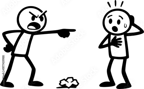 Angrily pointing at another stick figure who has just thrown trash on the ground