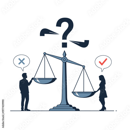 Justice scales with male and female silhouettes, question mark, checkmark, cross mark