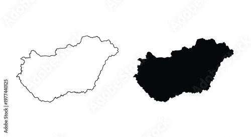 Two depictions of hungary s country outline a white line drawing and a solid black shape