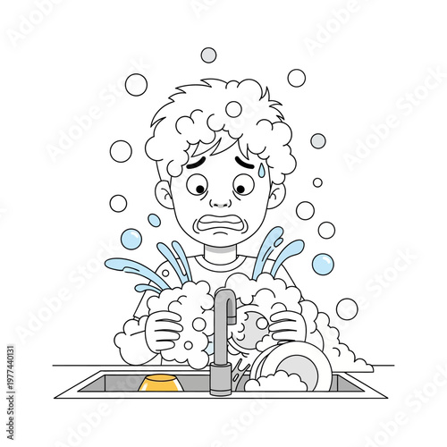 Overwhelmed boy doing dishes with lots of soap bubbles and water splashing