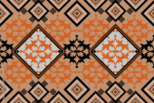 A bold seamless pattern featuring geometric and floral ethnic motifs in orange, black, beige, and white. The large diamond shapes and decorative details create a striking traditional-style design.