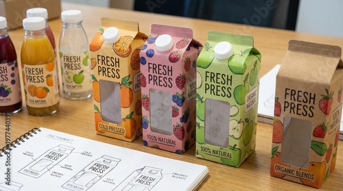 Fresh juice cartons and bottles on a wooden table with a notebook