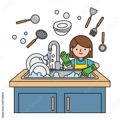 Woman Washing Dishes in Kitchen Sink, Cartoon Style Illustration