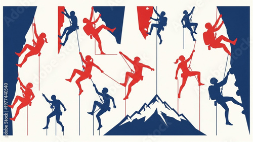 Climbers ascend mountain peaks with ropes and flags in vector CAD illustration