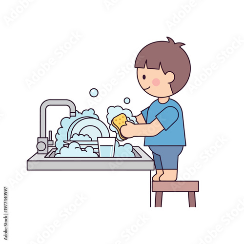 Young boy washing dishes in kitchen sink with sponge and soap bubbles, helping out