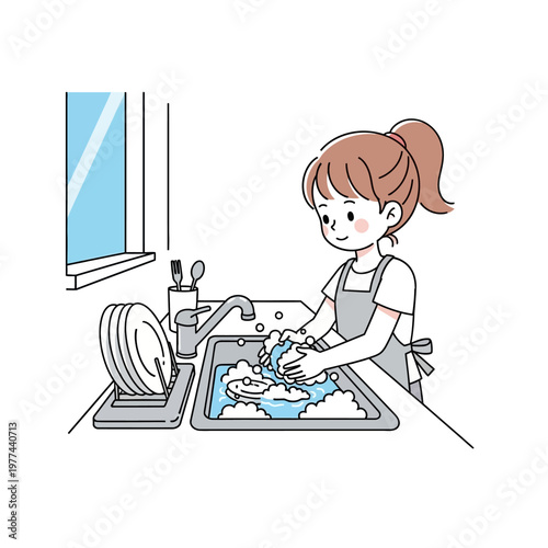 Young girl washing dishes in kitchen sink, illustration, domestic chores, everyday life