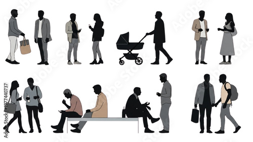 Vector CAD illustration of people walking and sitting in a public urban setting with various business professionals.