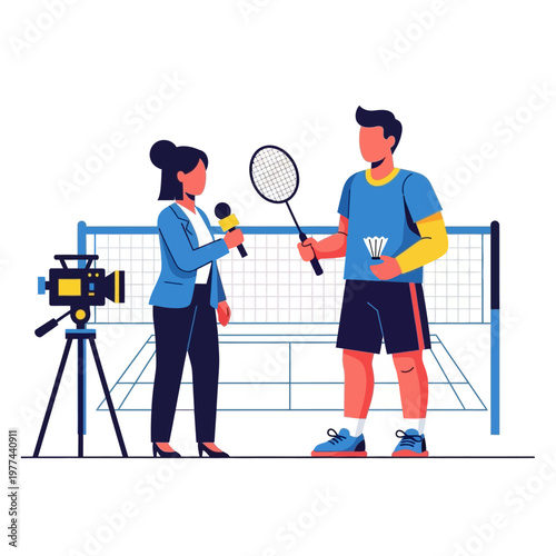 Badminton Player Interviewed by Reporter with Camera and Microphone
