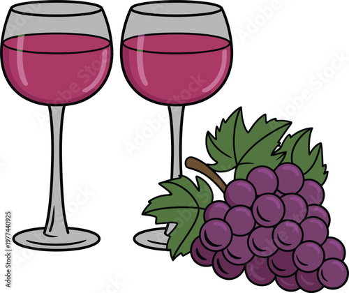 Foto Two glasses of red wine with purple grapes, vector illustration for winery and c