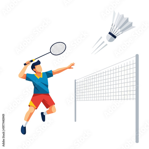Badminton Player Smashing Shuttlecock Over Net, Dynamic Sports Illustration