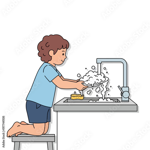 Child washing dishes at kitchen sink, learning household chores, clean water and foam