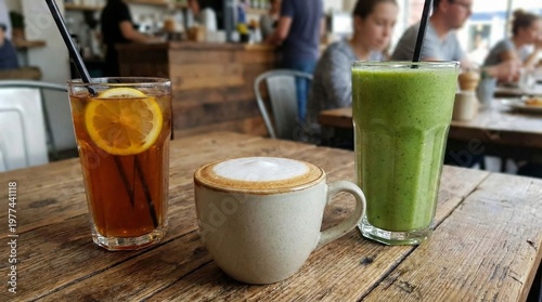 A refreshing arrangement of drinks on a wooden table in a bustling café includes tea, latte, and matcha green smoothie.