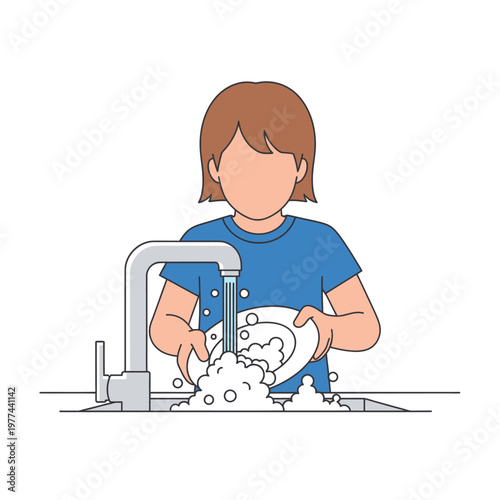 Child washing dishes in sink with running water and soap bubbles, illustration
