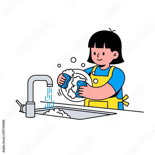 Child washing dishes in sink with running water, cartoon illustration