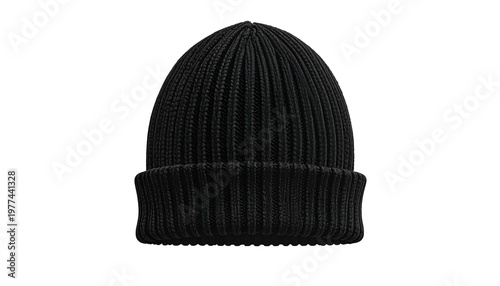 A close-up studio shot of a black ribbed knit beanie hat against a dark background