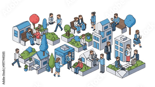 People interact in a vector CAD designed cityscape with buildings and green spaces.