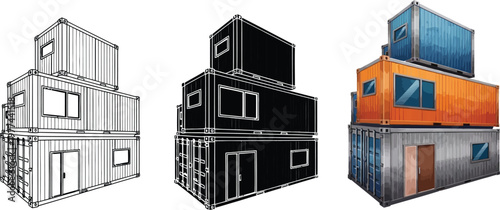 Stack of modular shipping container homes architectural illustration for sustainable housing and urban development isolated on white