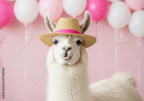 Cute llama wearing a straw hat with pink ribbon