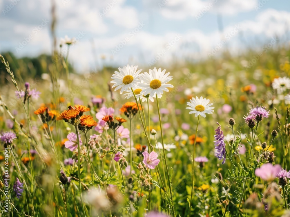 Fototapeta premium Vibrant wildflower meadow with white daisies and colorful blossoms under a bright summer sky creating a serene natural landscape