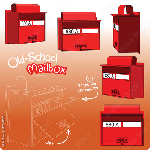 Vintage mailbox from the 60s in Singapore: A sturdy red metal box with a hinged door. Its exterior tells tales of countless letters and postcards, embodying an era of ink-sealed communication.