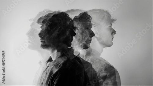 Man with multiple exposure effect showing split personality. Psychological dissociation and mental health disorder concept. Abstract portrait of individual facing inner emotional turmoil.