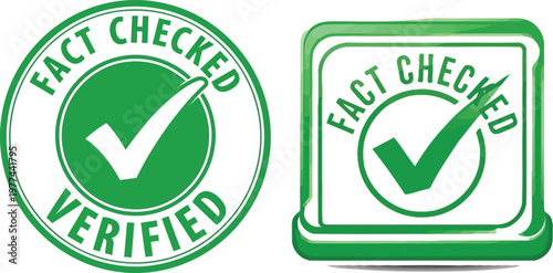 Fact Checked Verified Green Circular and Rectangular Stamps with Checkmark Icons