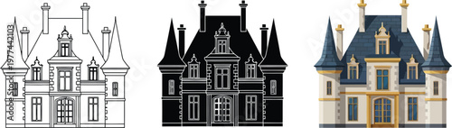 Collection of chateau and mansion illustrations architectural styles in outline silhouette and color isolated on white