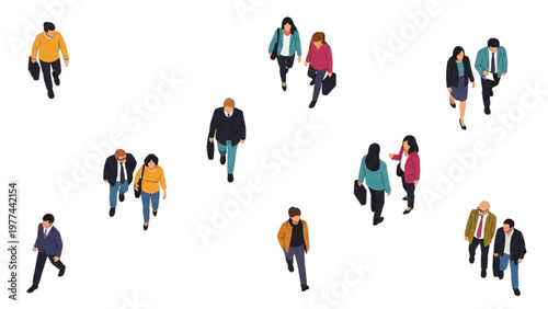 Vector illustration of people walking in a crowded urban environment with CAD designs