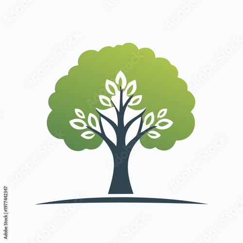 Abstract stylized tree with gradient green leaves and dark trunk minimalist design providing