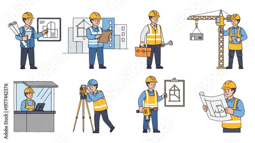 Workers engaged in construction site activities with vector CAD designs