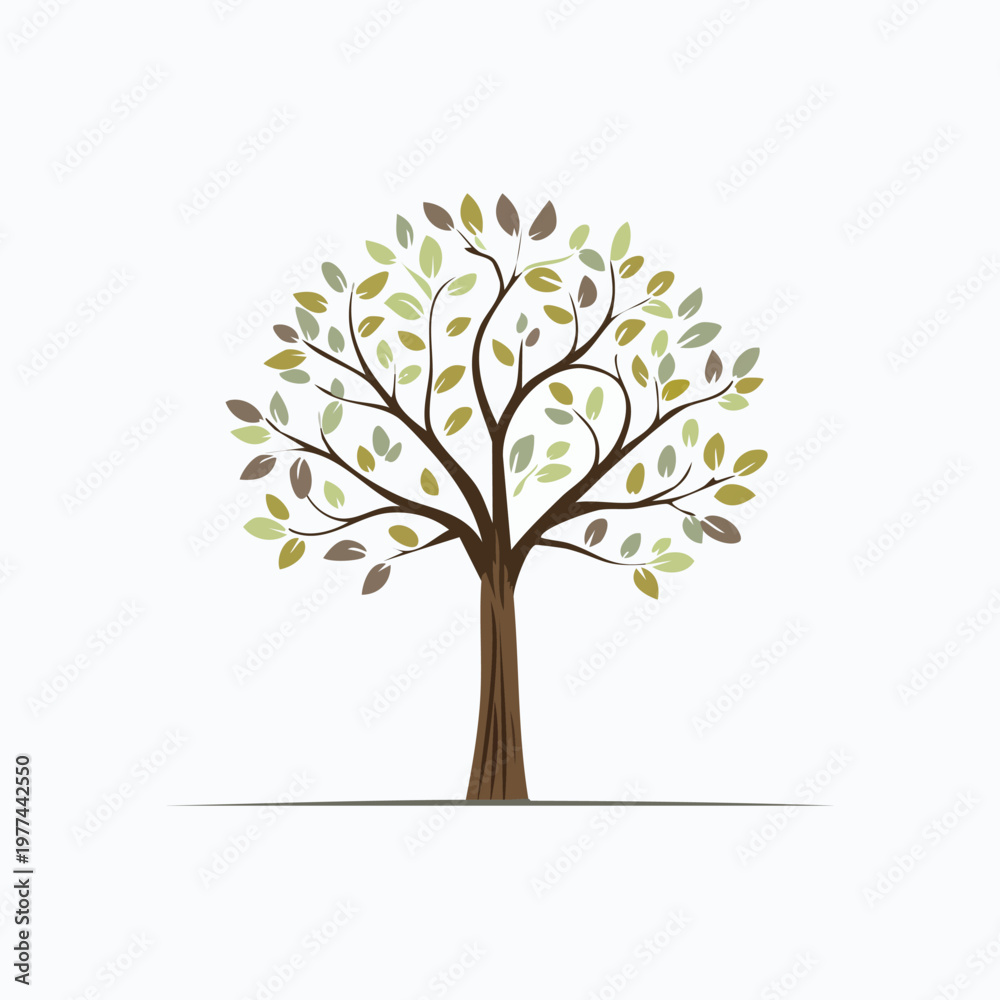Fototapeta premium Autumn tree with brown and green leaves vector illustration providing essential scale elements
