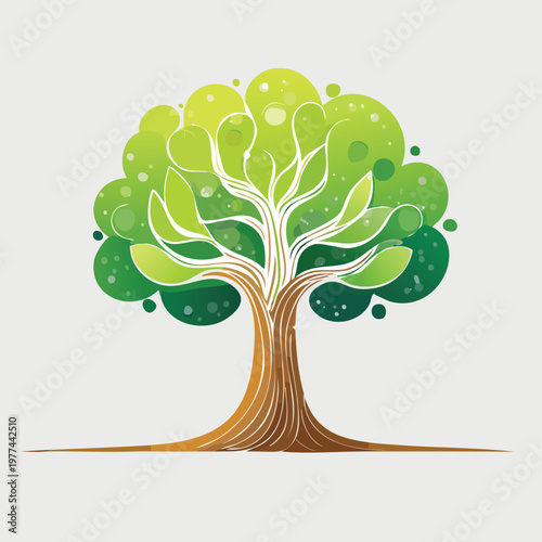 Abstract tree with detailed branches and layered green foliage providing essential scale elements