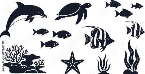 Set of marine animals and plants silhouettes isolated on white background