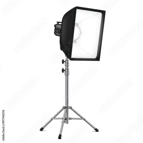 Studio strobe light with rectangular softbox mounted on adjustable metal stand for professional photography.