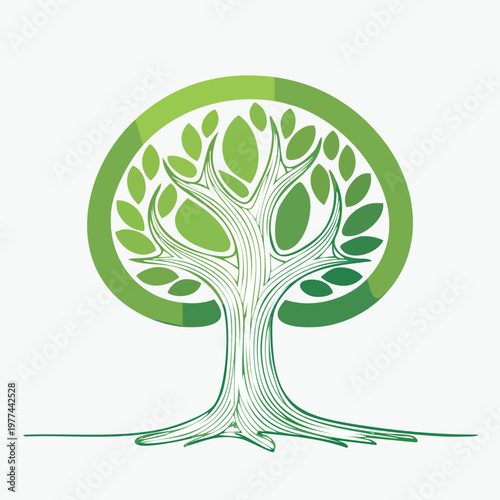 Stylized tree icon with a circular border of leaves and detailed branches providing essential