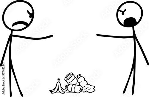 Angrily pointing at another stick figure who has just thrown trash on the ground